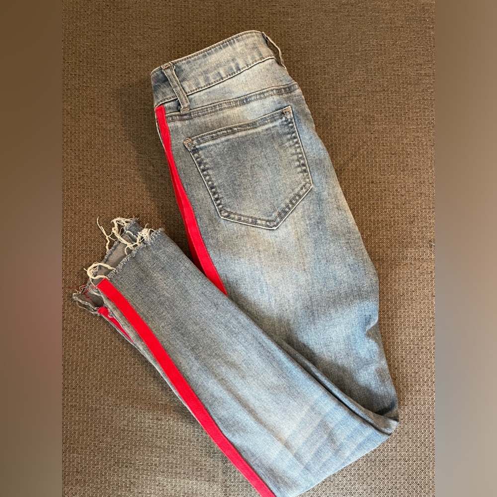Boom Boom Jeans Red Side Stripes Size 5 Distressed Rough Hem